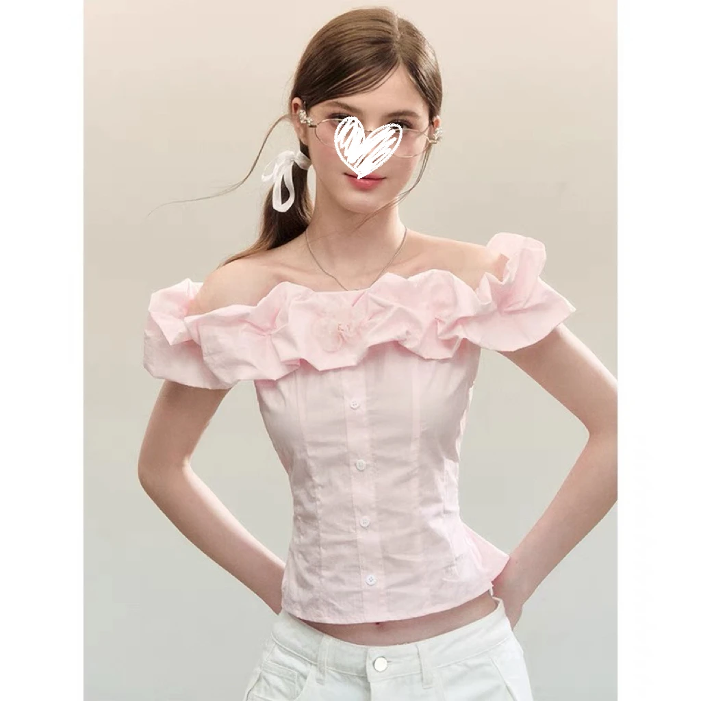 法式甜美一字肩衬衫夏季收腰显瘦设计感短款气质露肩上衣