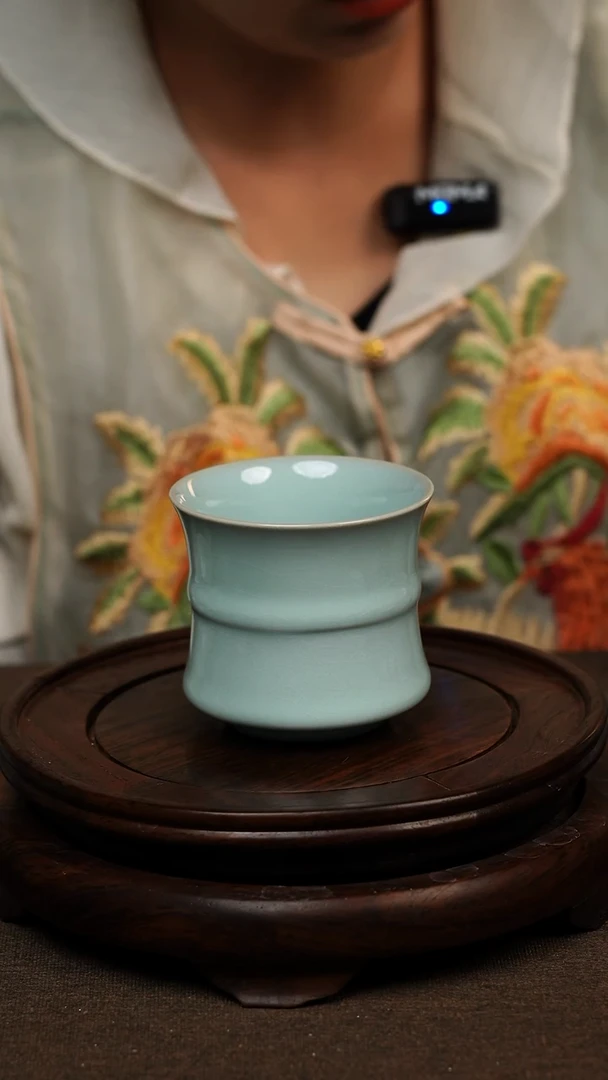 瓷片仿古天青全手束腰杯160ml 微瑕 不带礼盒