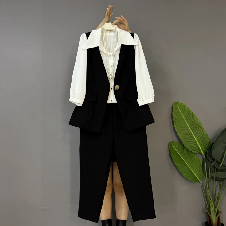 新款大码女装时尚气质简约显瘦马甲三件套套装