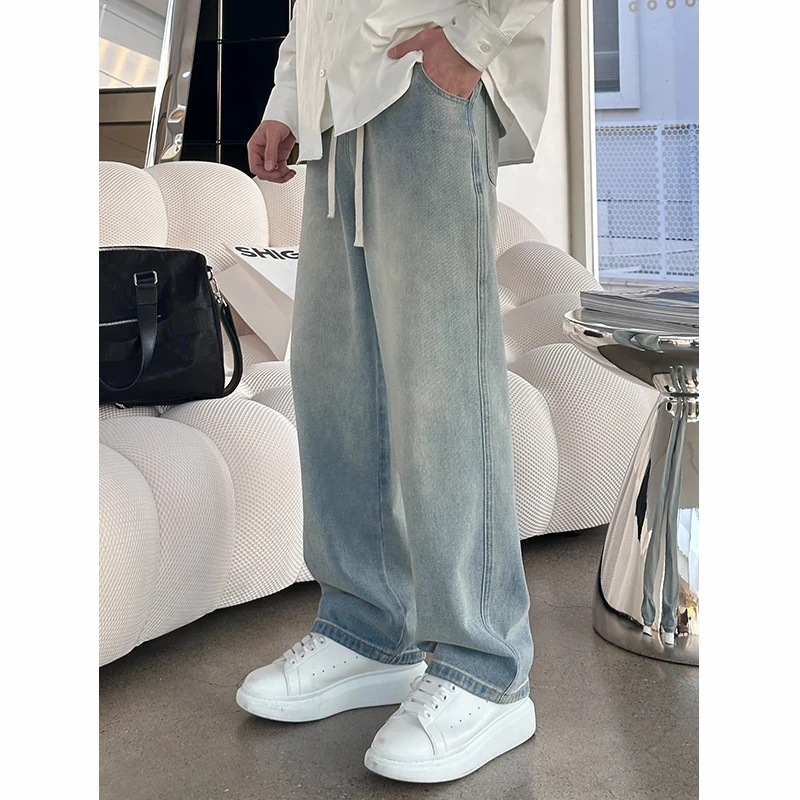 夏季薄牛仔裤男女潮款松紧休闲百搭宽松浅色复古垂感高街直筒裤男