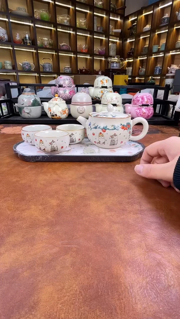 .猫咪花口壶1壶3杯+猫咪盘