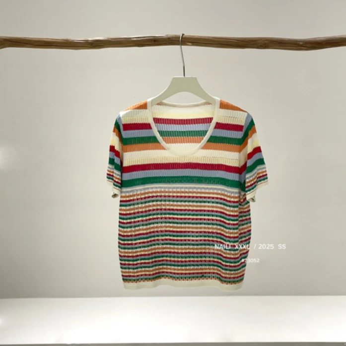 【涵胖胖】大码u领上衣女彩色条纹衫2025夏胖mm针织短袖T恤23052【B】
