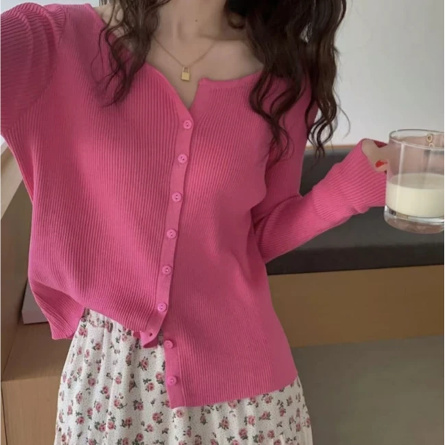 （9929）大码甜美圆领针织开衫女长袖打底宽松显瘦休闲百搭针织上衣