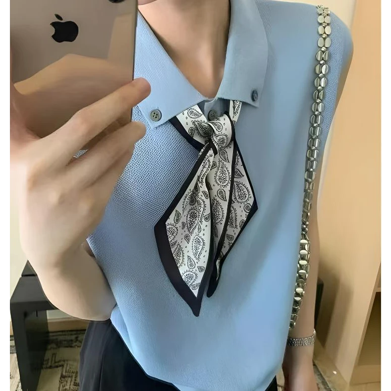 2025夏季新款韩版气质小翻领纽扣配丝巾薄款无袖冰丝小上衣女T恤