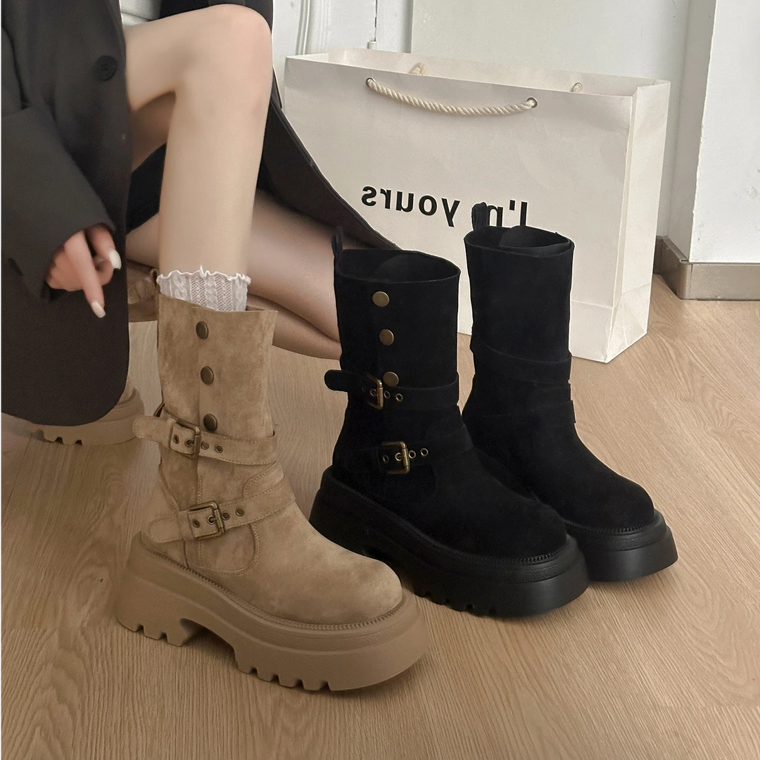 啄木鸟厚底增高马丁靴女2025年秋冬季新款小个子显瘦中筒骑士短靴