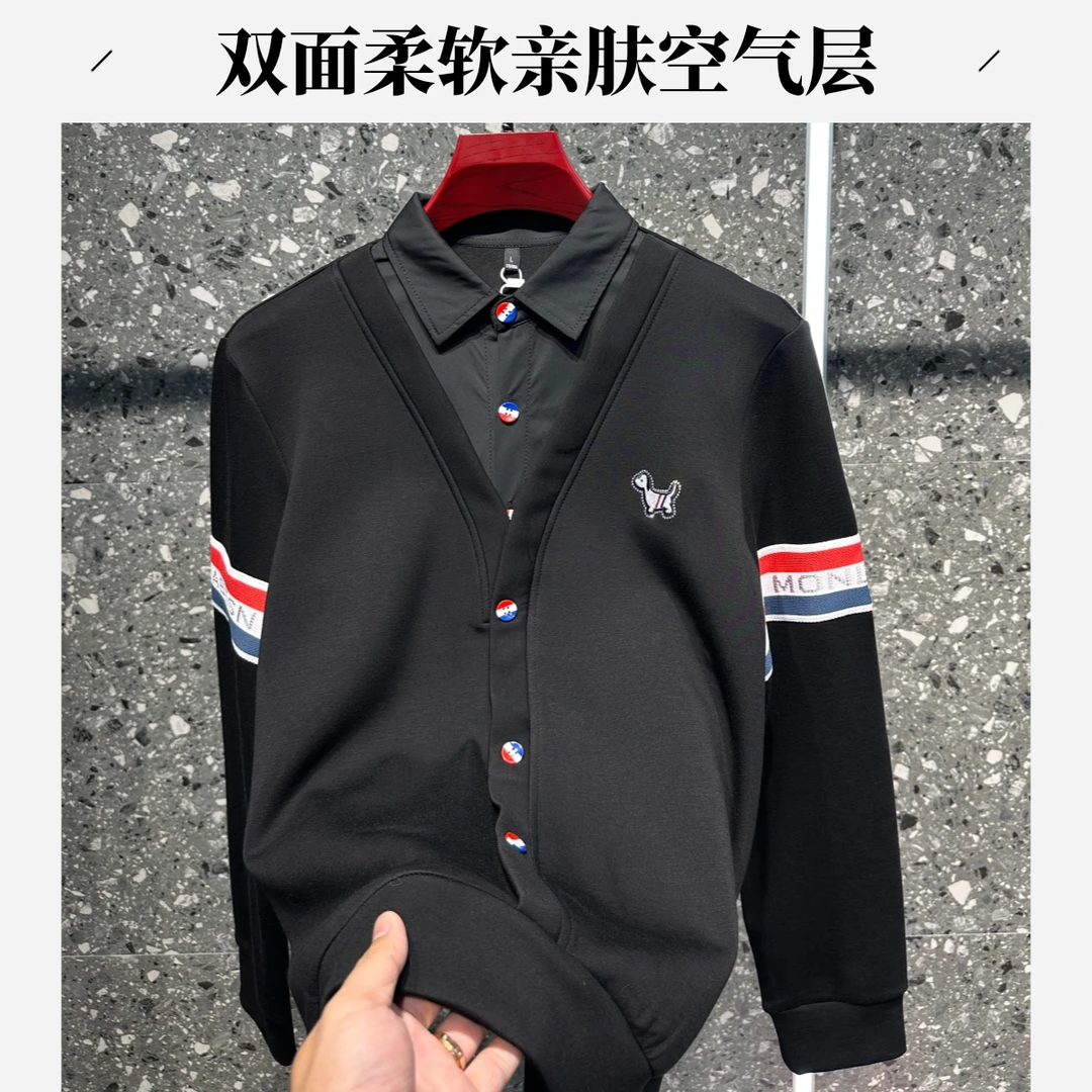 纽扣假两件秋冬长袖宽松型休闲秋季黑色卫衣男装上衣开衫9261