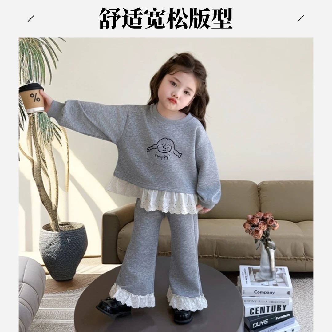 潮酷痞帅童装春秋秋季印花休闲风套头女套装休闲宽松卫衣法式韩系