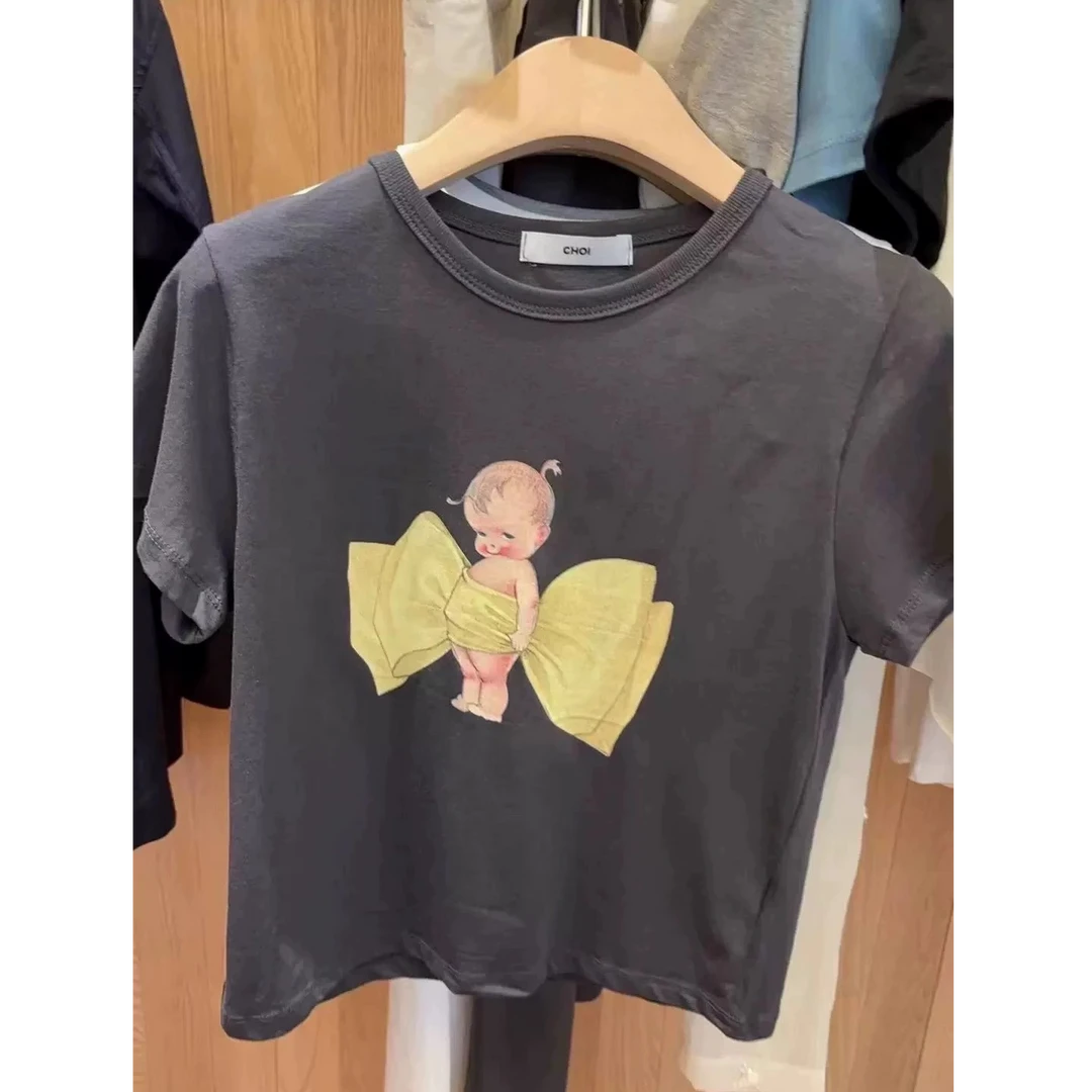 泡菜 choi  夏季新款可爱天使蝴蝶结短袖T恤