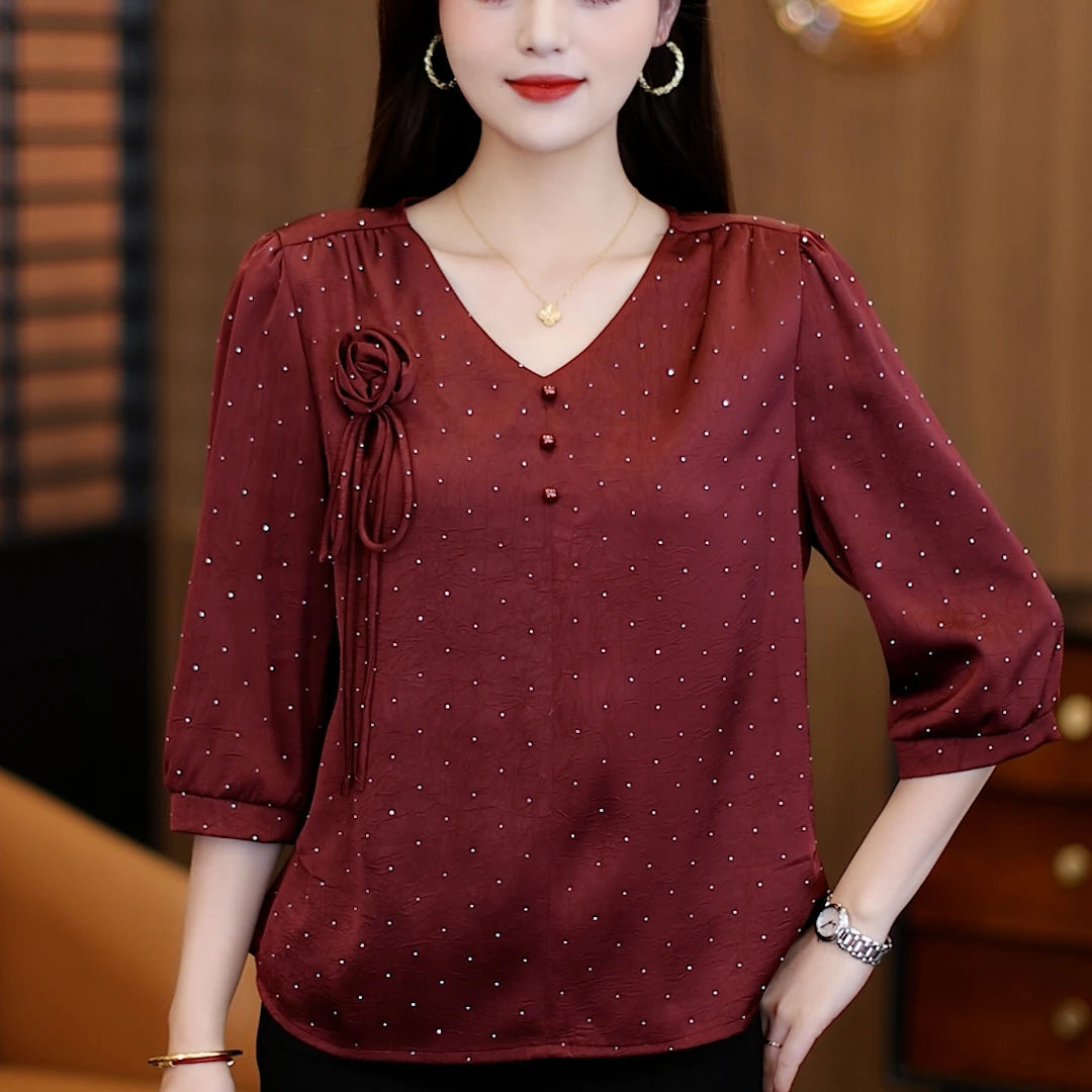 2025春新时尚V领长袖单排扣带钻打底衫T恤女上衣