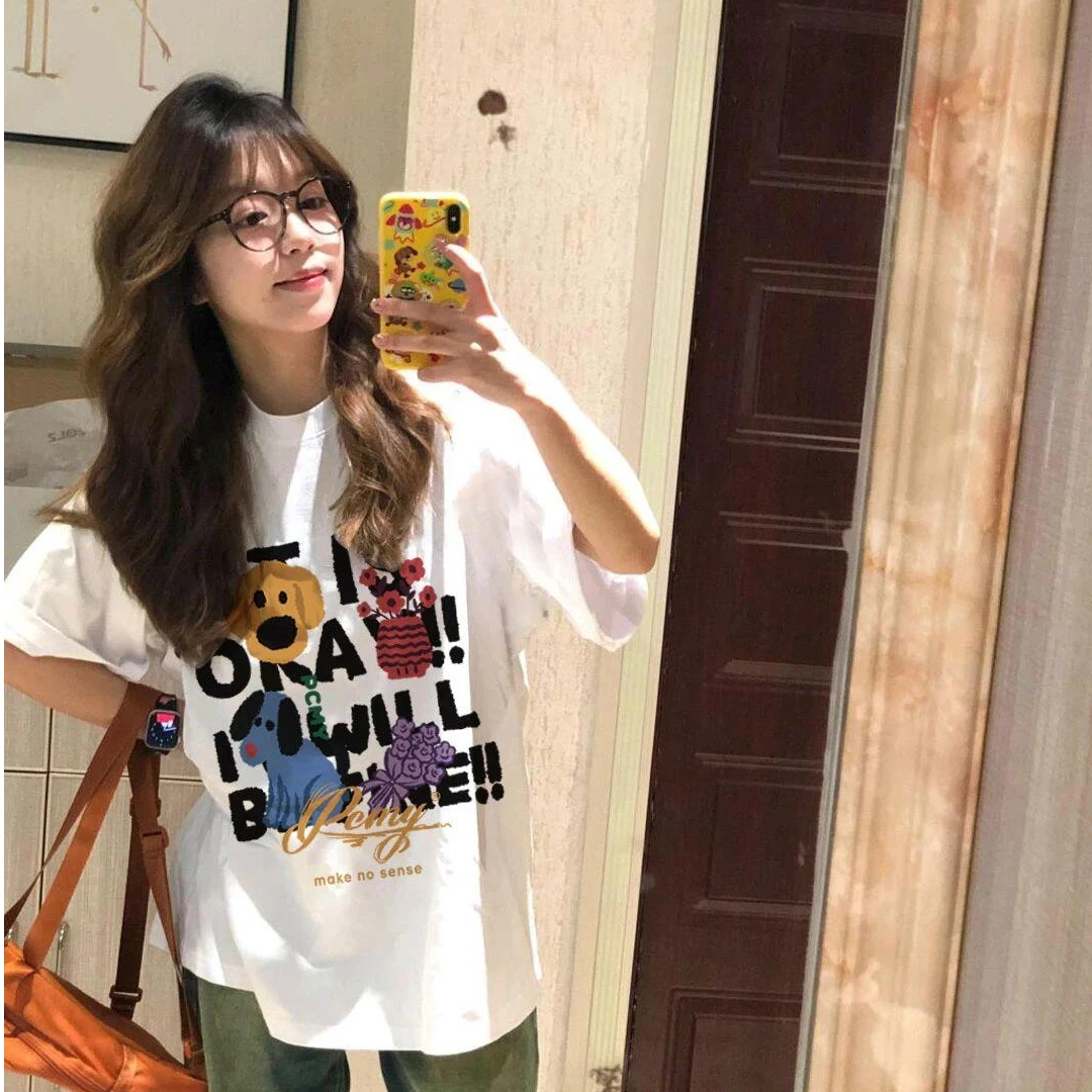 【柒喜RICH】 2025新款圆领纯棉短袖t恤女小众印花上档次设计感上衣