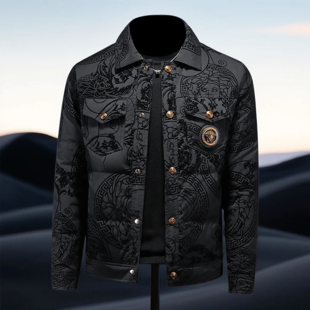 巴赛娜缇冬装潮牌暗花翻领羽绒服男白鸭绒保暖外套羽绒男装上衣潮