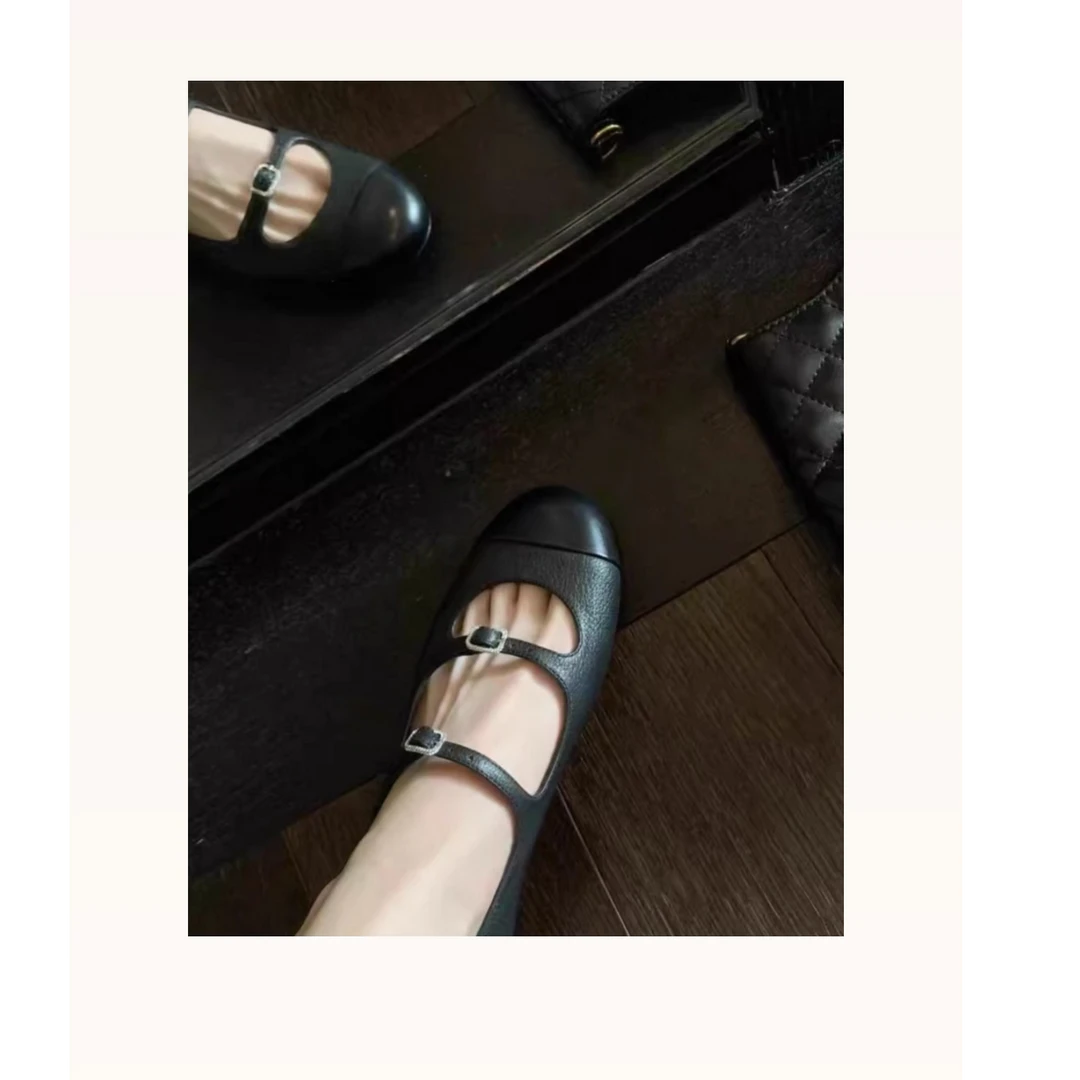 【雪儿姐姐同款鞋子】新款气质软底法式一字带圆头平底鞋复古英伦风