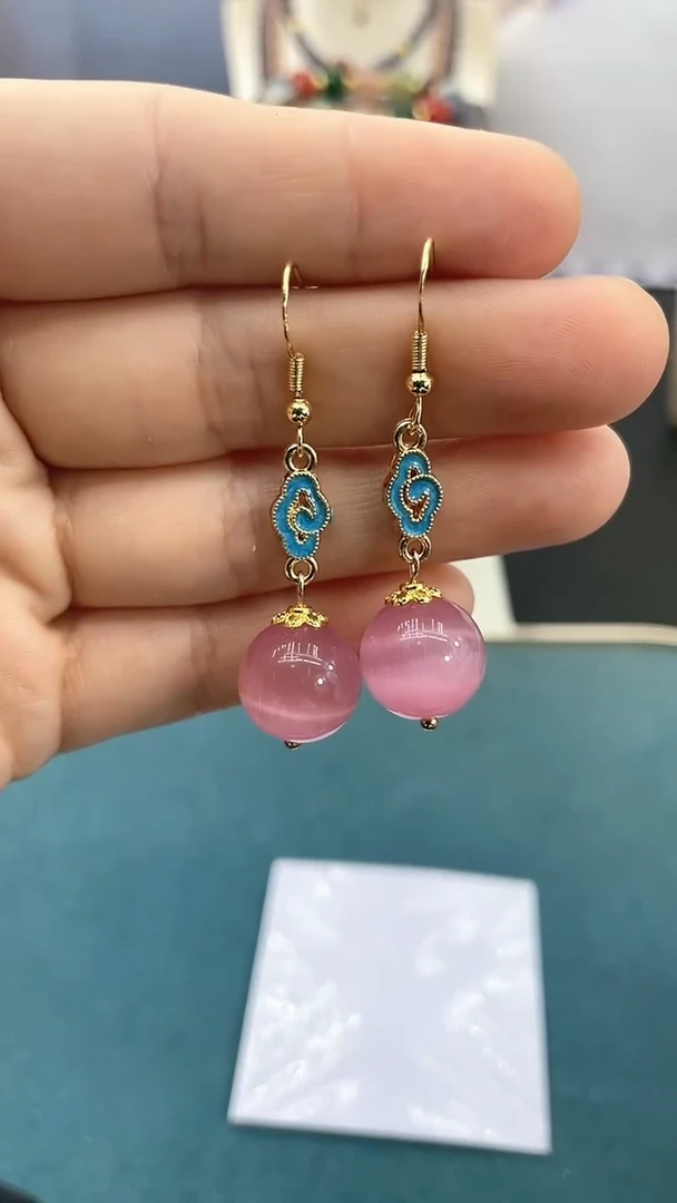 碧玺猫眼耳饰银S925镶嵌14mm猫眼福利