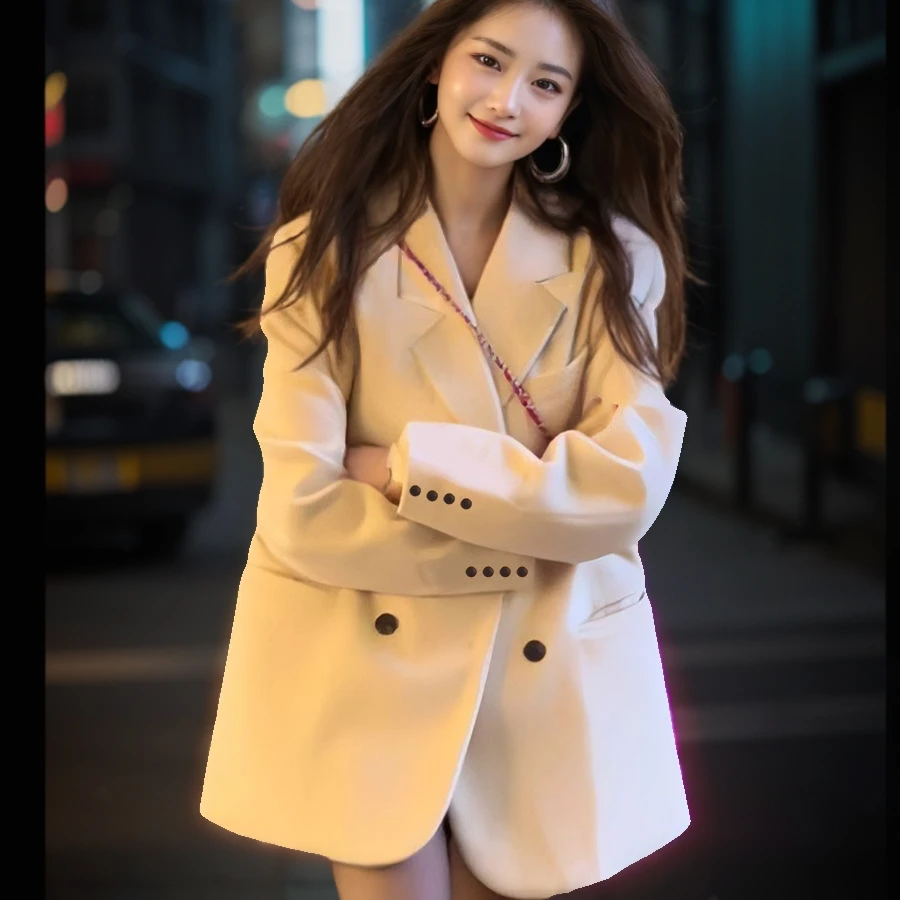 奶白色双排扣垫肩西装外套女春秋新款高级感韩版宽松显瘦气质西服