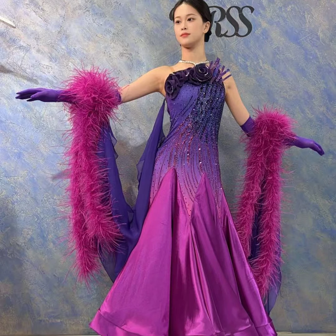 YRSS舞服♥新款定制紫红渐变羽毛长袖摩登表演裙