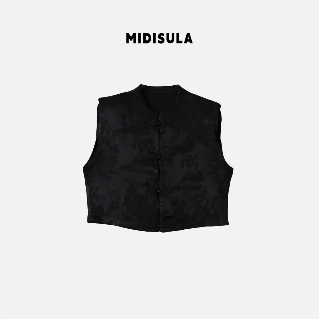 阿玉家&夏新洋气垫肩短款盘扣新中式国风短马夹复古扣马甲#0989