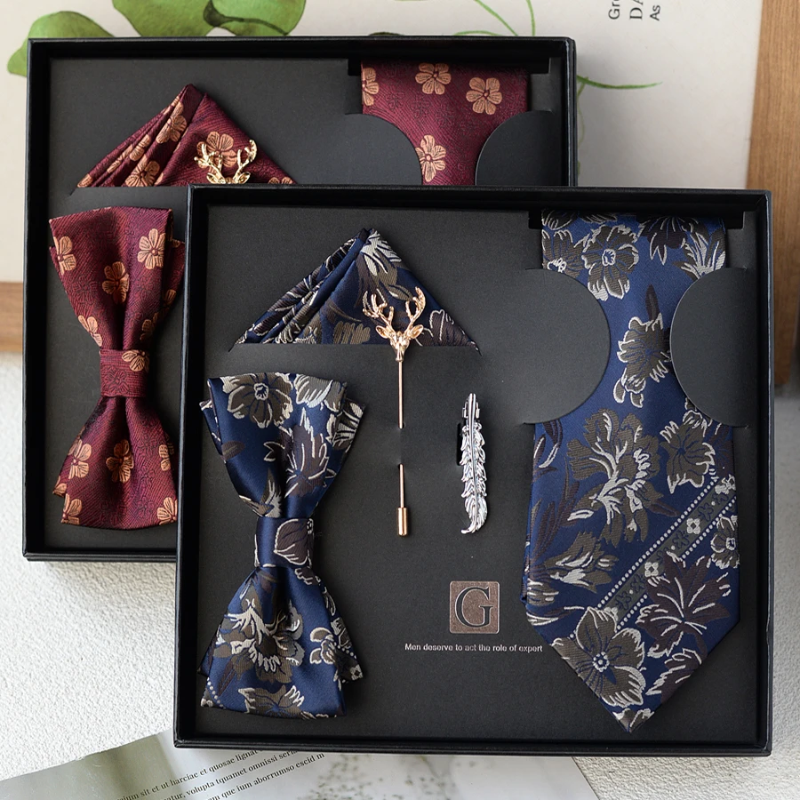 领带套装男复古商务休闲高级感西装衬衫领结口袋巾配饰送礼物生日