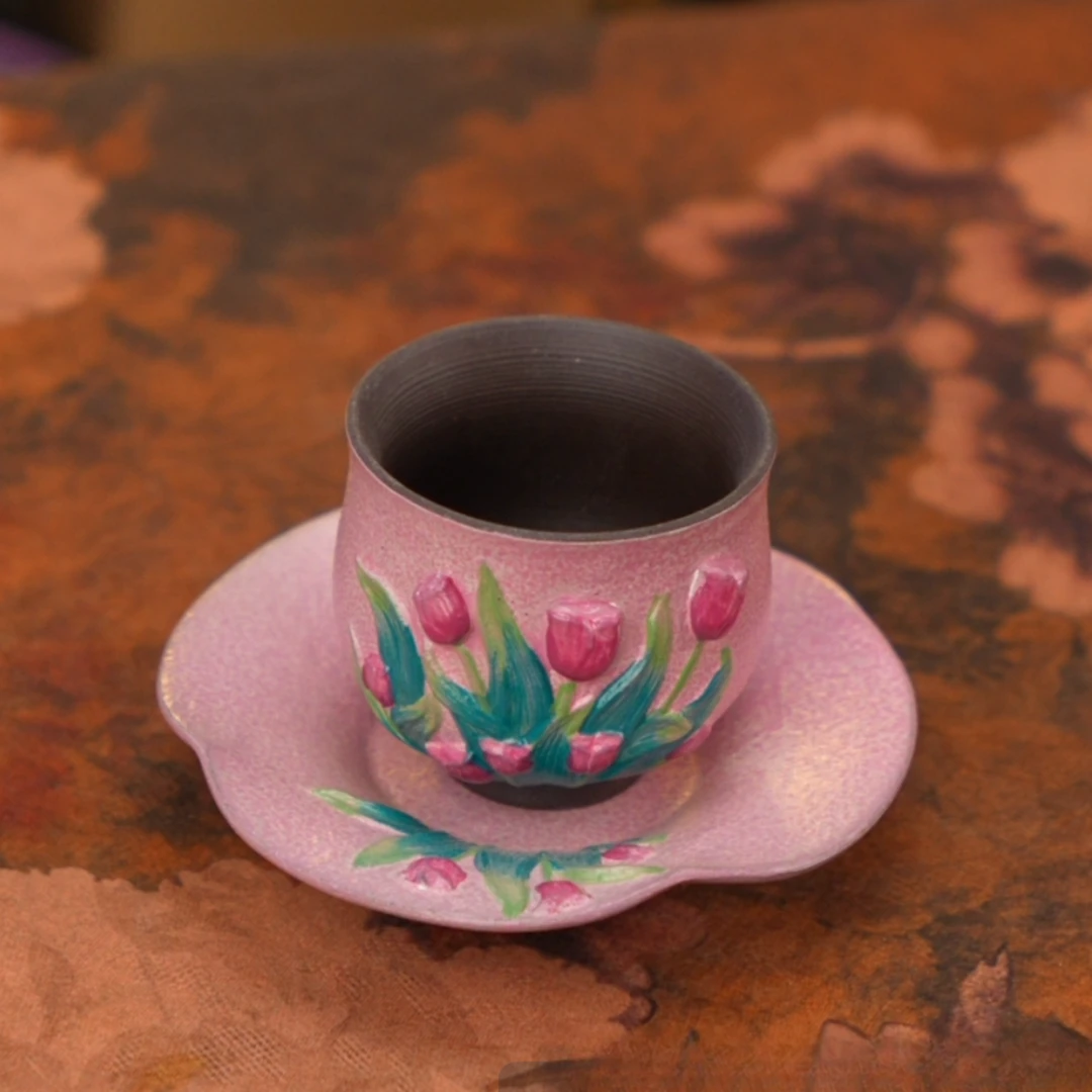 【栖花漫语·高定系列 】老岩泥·白泥釉·手绘郁金香·小圆杯 A13052