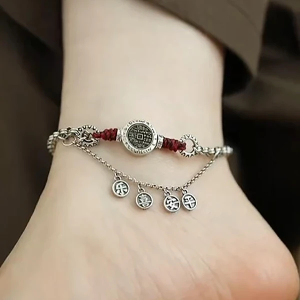 925银脚链 红绳脚链女山鬼花钱平安喜乐脚踝链小众复古流苏铜钱链