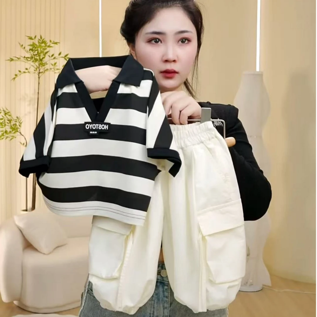 夏季新款儿童百搭POLO条纹T恤+米色七分工装裤套装