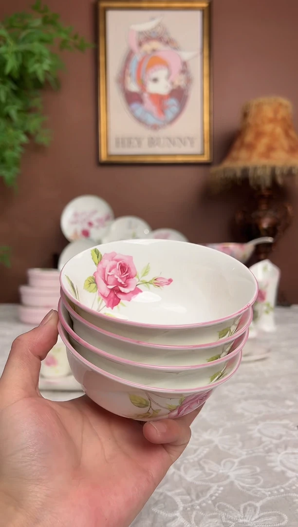 36%以上骨粉骨瓷玫瑰米饭碗4个
