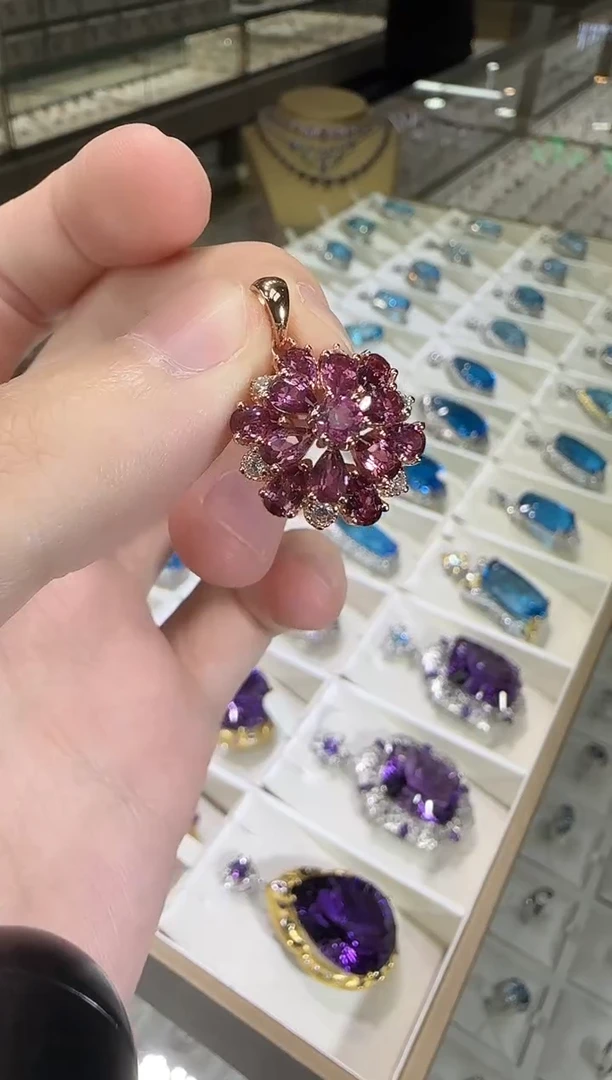 颈饰银S925镶嵌石榴石繁花吊坠