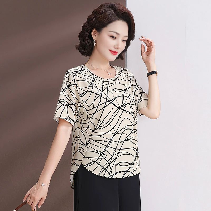 【运费补贴】2025年夏季新款中老年圆领衫女雪纺衫女百搭显瘦女