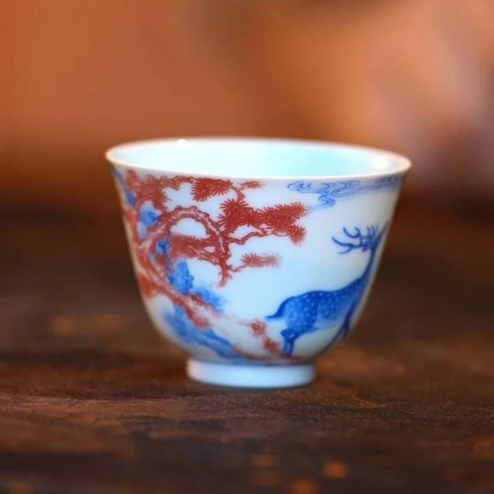 【宣乐沐谷】超薄胎-青花釉里红松下见鹿铃铛杯