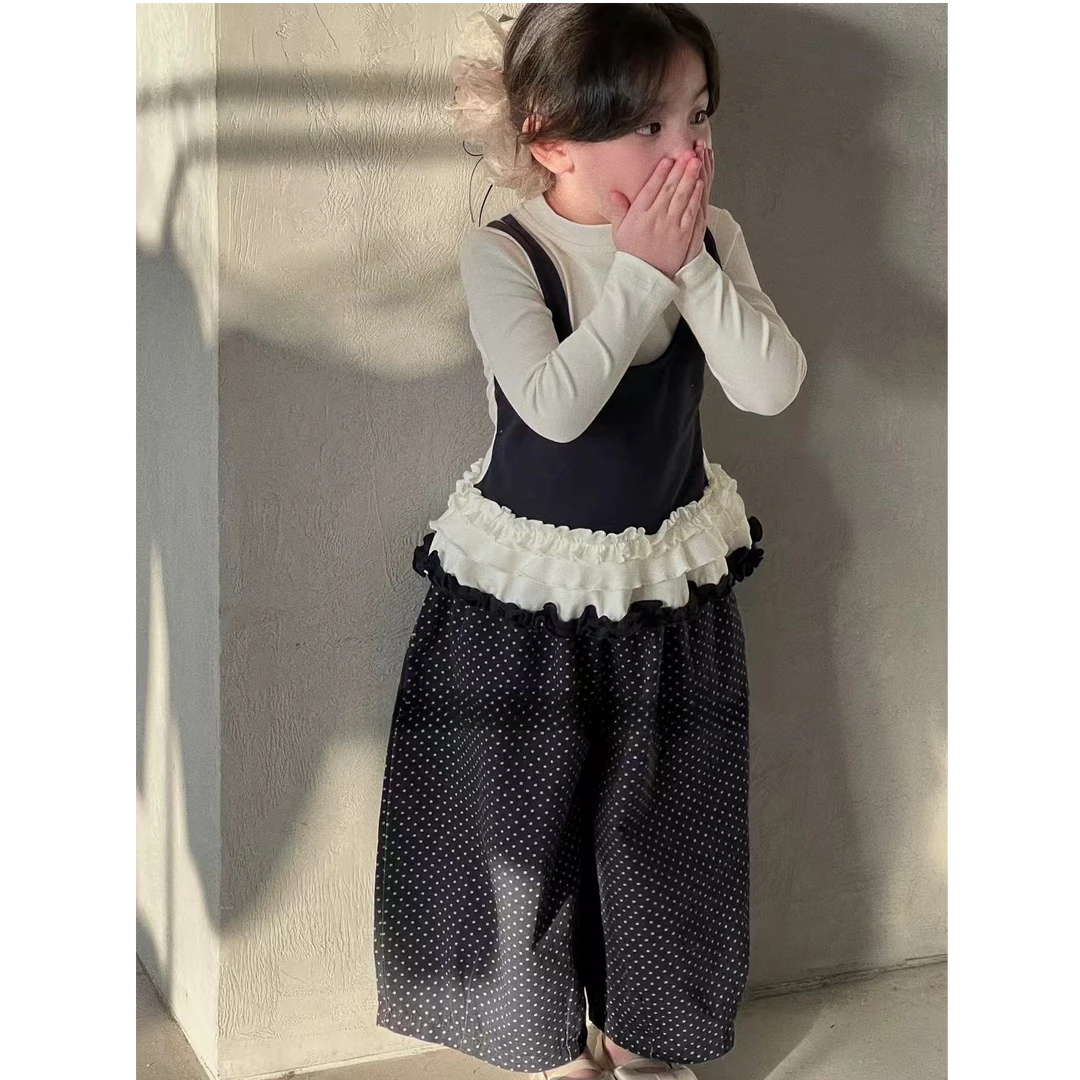 现货小惜亦秋季新款韩版女童洋气波点裤假两件吊带衫可爱舒适套装