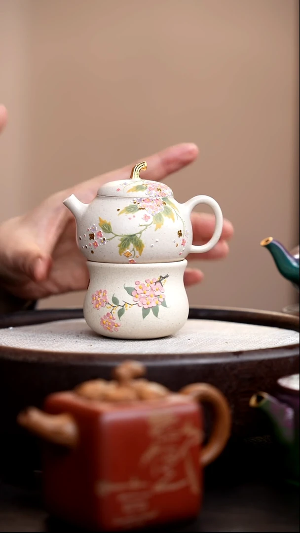 茶壶紫砂白玉段匏瓜金钮+杯