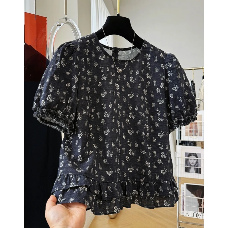 法式独特漂亮碎花上衣复古做旧印花圆领泡泡短袖衬衫女气质小衫薄