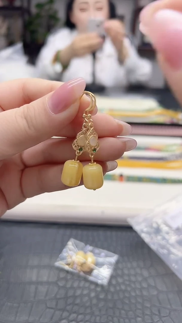 蜜蜡14K金镶嵌耳饰DIY款E956