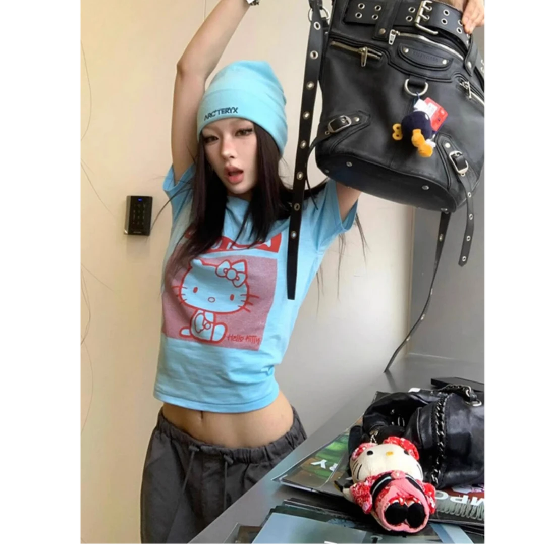 美式蓝色复古正肩短袖t恤女夏季ins风设计感小众修身辣妹短款上衣
