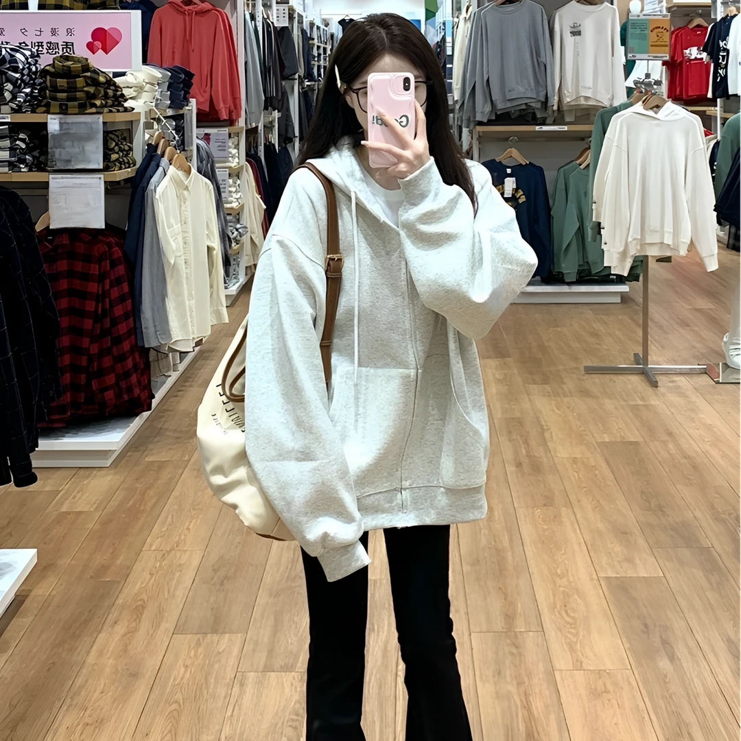 2025春秋季美式复古花灰色外穿连帽卫衣女慵懒风加绒加厚外套休闲