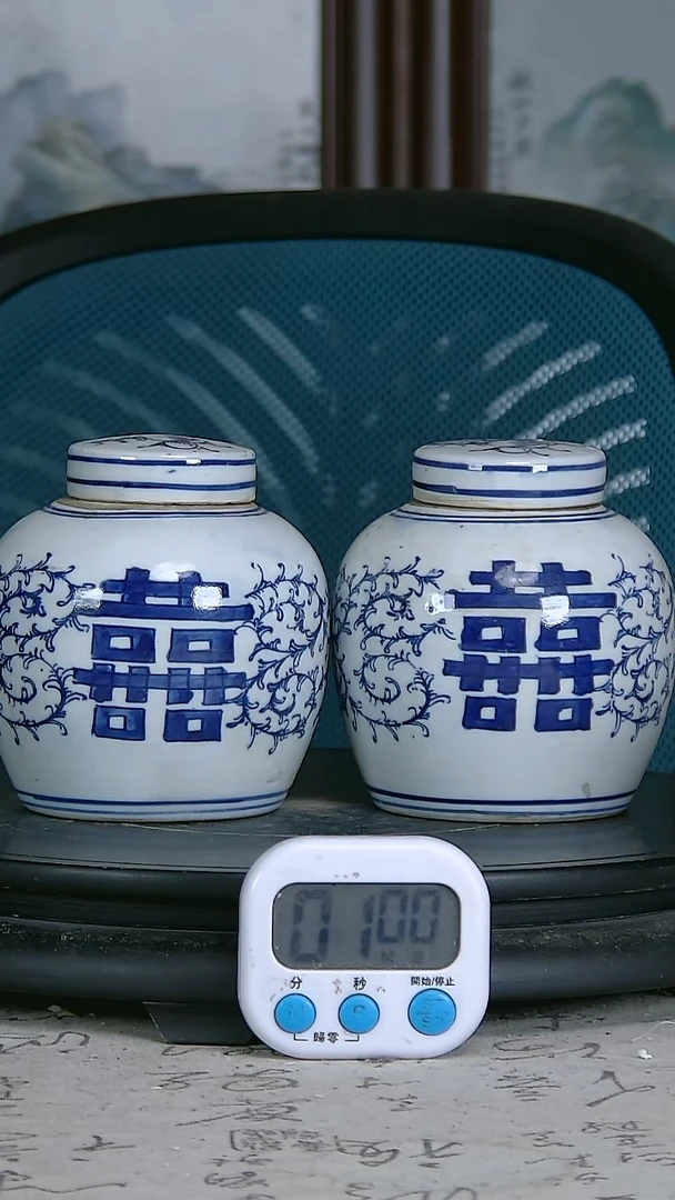 陶超****子青花精绘花卉图罐一对