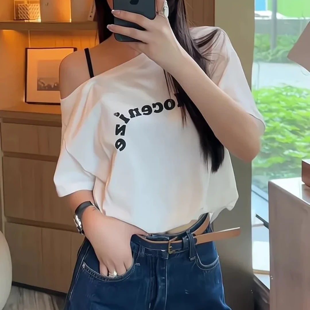 7545 斜肩字母蝙蝠袖短袖T(下摆有松紧)ZB