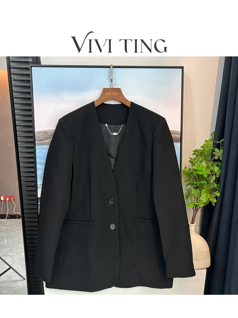 【VIVI·TING】婷姐推荐休闲常规袖轻奢西装外套红线刺绣长袖V领s30