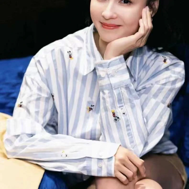 张柏芝同款（3121）2024秋季新款百搭宽松卡通印花长袖条纹衬衫女