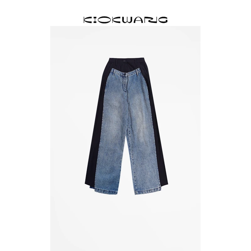 KIOKWANG//设计款拼接高腰直筒裤极简风印染牛仔裤休闲时尚