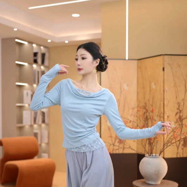 3507 秋冬款舞蹈服女荡领拼接水纱长袖形体练功气质显瘦古典日常