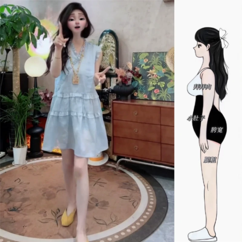 女装夏季薄款新款时尚潮流洋气高级双层压褶花撞色显瘦减龄连衣裙