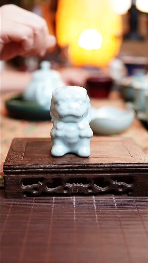 汝瓷 小狮子 茶宠 盖置*-