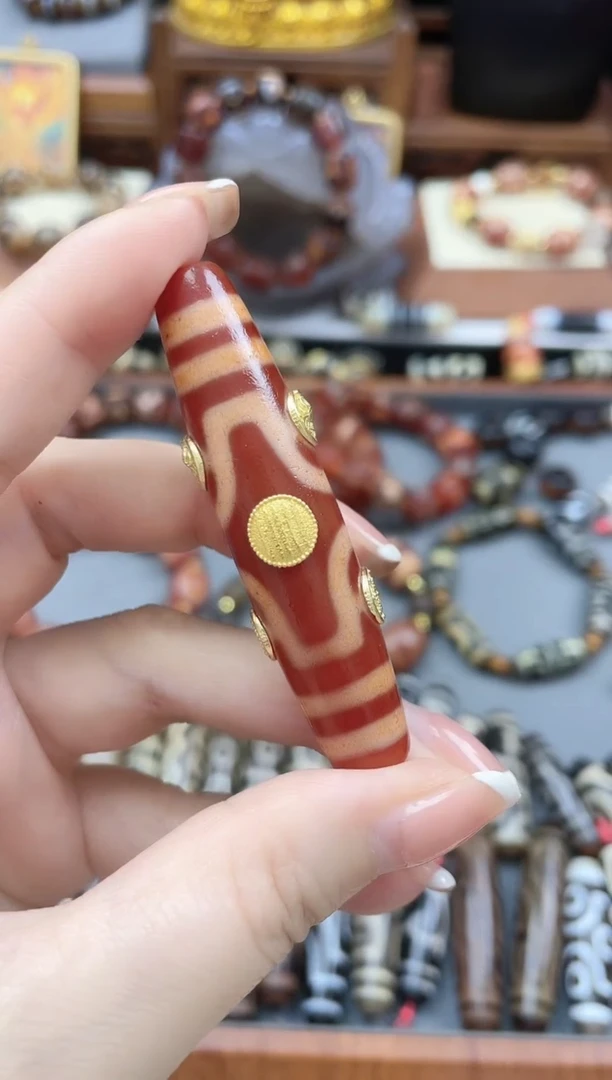 玛瑙/玉髓（覆膜）裸珠十字六眼红肉大尺寸桶珠