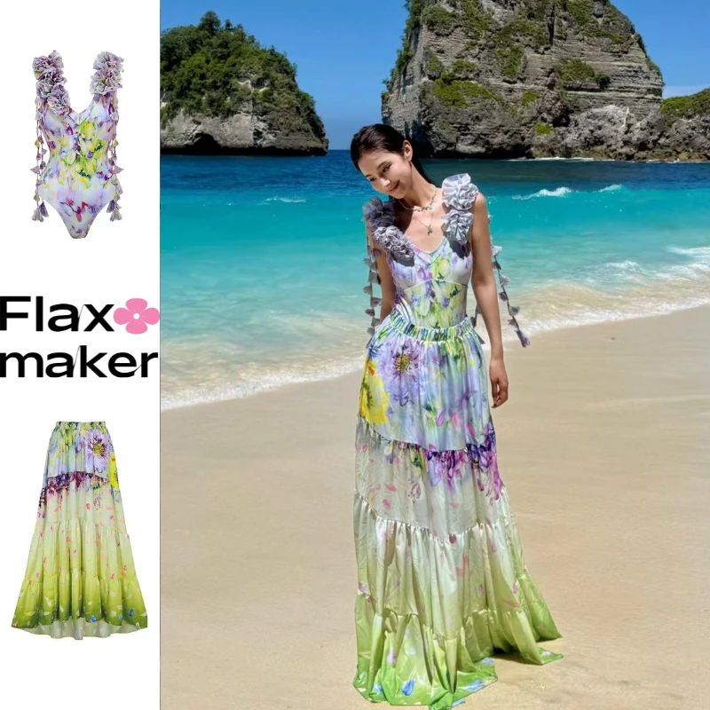 Flaxmaker·渐变花朵印花连体海边度假泳衣女款保守又女式遮肉泳衣