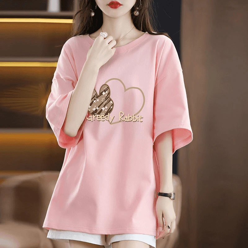 重磅纯棉短袖慵懒风t恤女夏季新款大码中长款宽松显瘦半袖上衣服