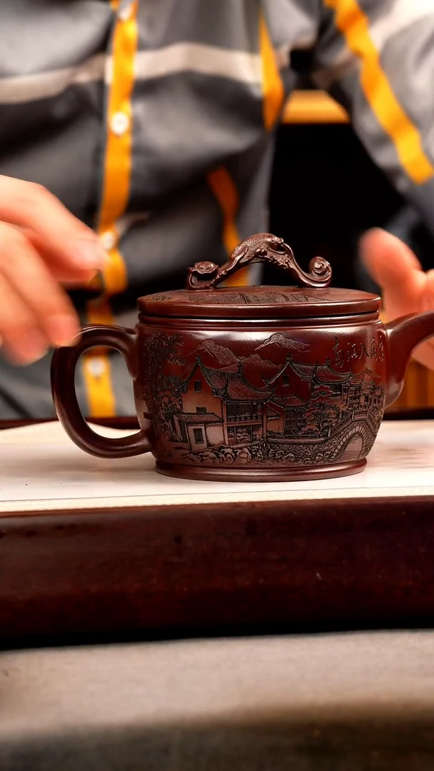 茶壶紫砂乌金砂 如意汉瓦 刻绘