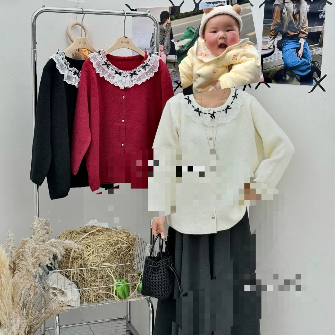 【李姑娘专属】81807设计感蕾丝拼接蝴蝶结圆领长袖针织开衫
