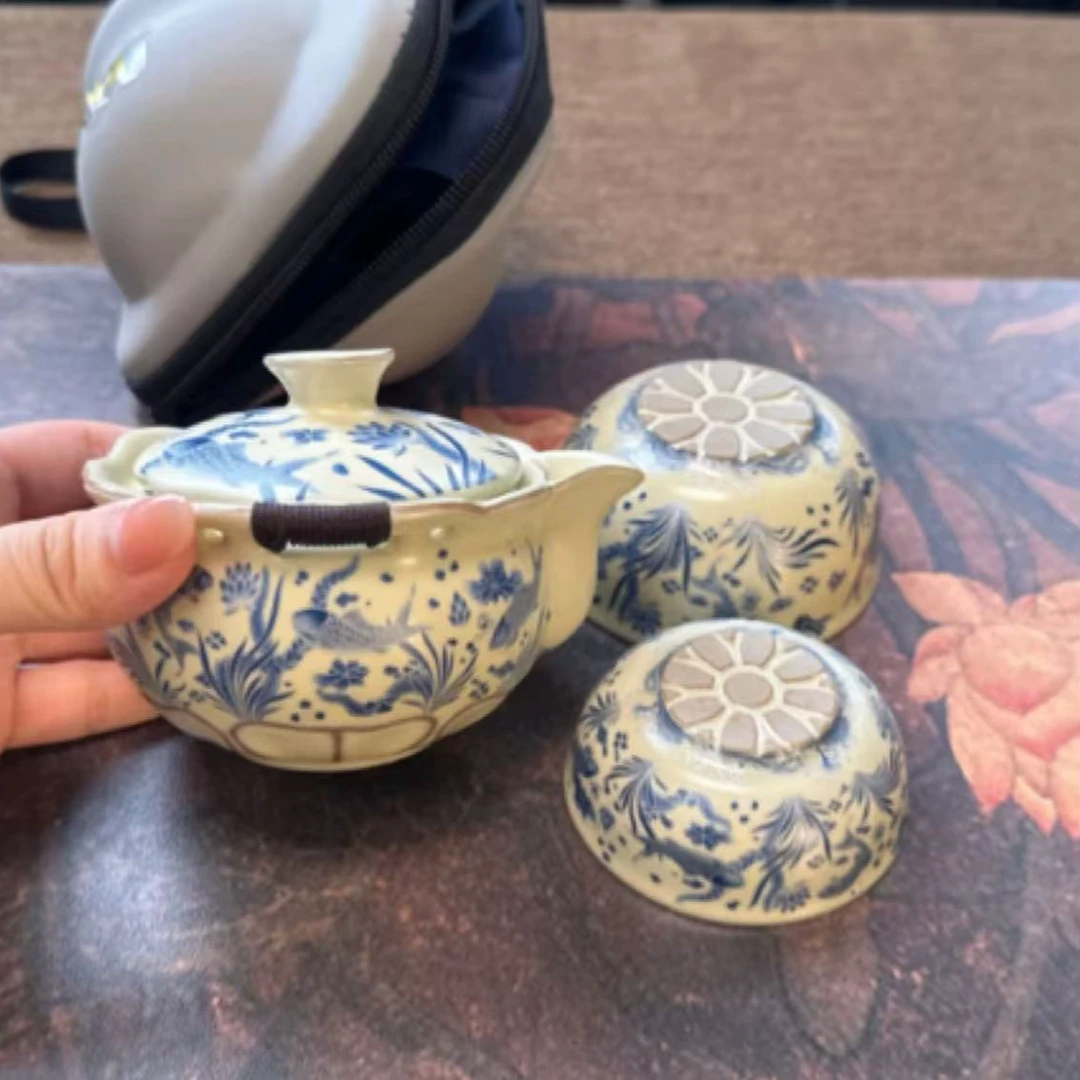 LH120-黄汝-鱼藻纹旅行茶具一壶两杯便携包陶瓷复古中式