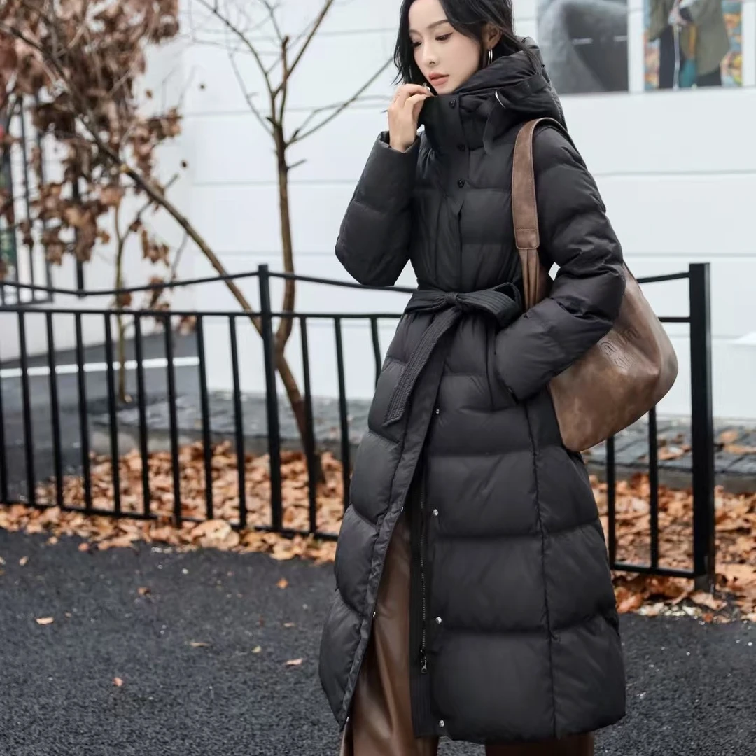 气质款腰带长款修身款羽绒服女淑女新款