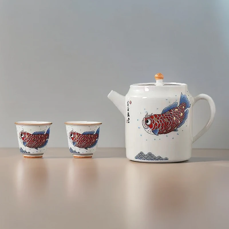 年货节龙鱼一壶两杯带干泡盘泡茶陶瓷中式创意茶具套装茶杯家用